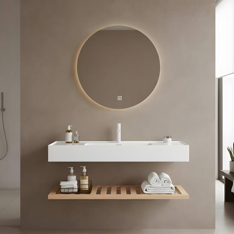 Bathroom Vanity with Vessel Sink and Striped Shelf Layer - 48 - Natural Wood