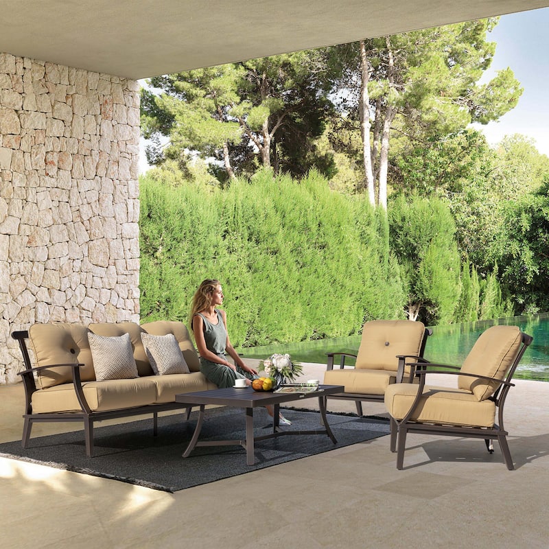 4-Piece Patio Conversation Set with Cushions, Aluminum Frame, Beige