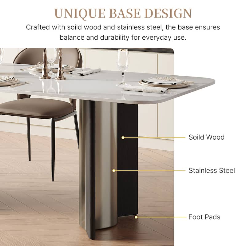 63" Modern Rectangular Dining Table for 4, White Glossy Sintered Stone Table Top,with double Stainless Steel Legs
