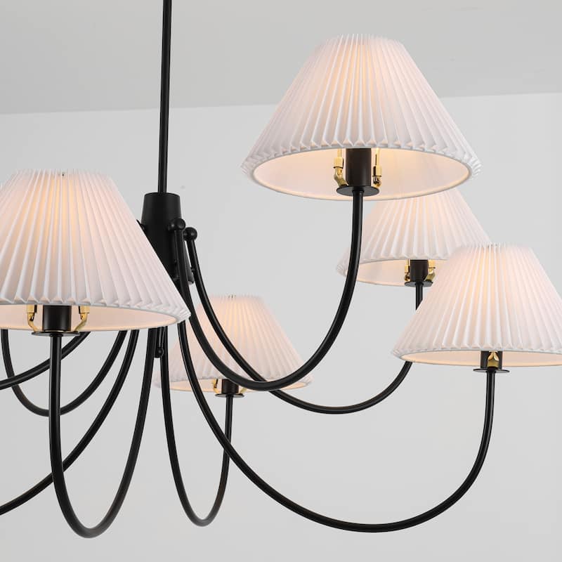 8/5-Light Mid-Century Modern Gold/Black Chandelier with Pleated Fabric Lampshades Hanging Light for Living Room, Dining Room