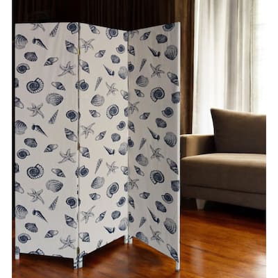 HomeRoots 71" Blue and Beige Fabric Folding Three Panel Screen Room Divider - 47' X '71' X '1