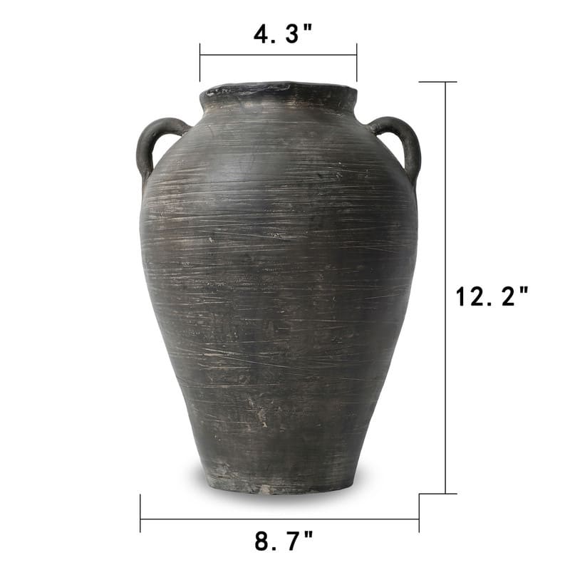 Approx. 12"H Charcoal Gray Vase with Two Handles (4.3" opening)