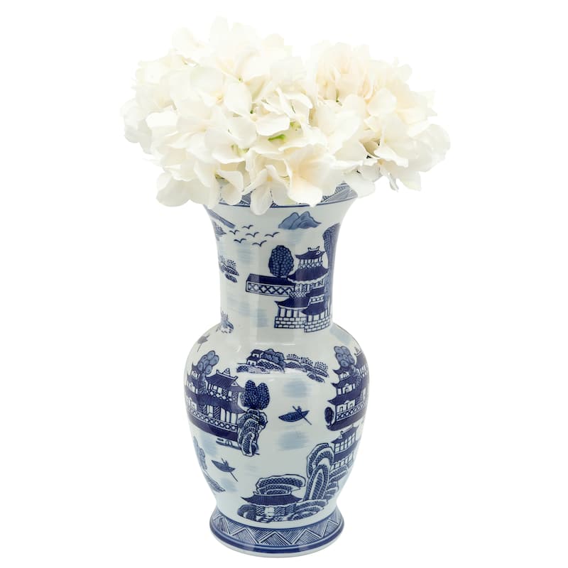 Sagebrook Home Ceramic Vase Contemporary Blue and White Chinoiserie Temple Design Floral Vase