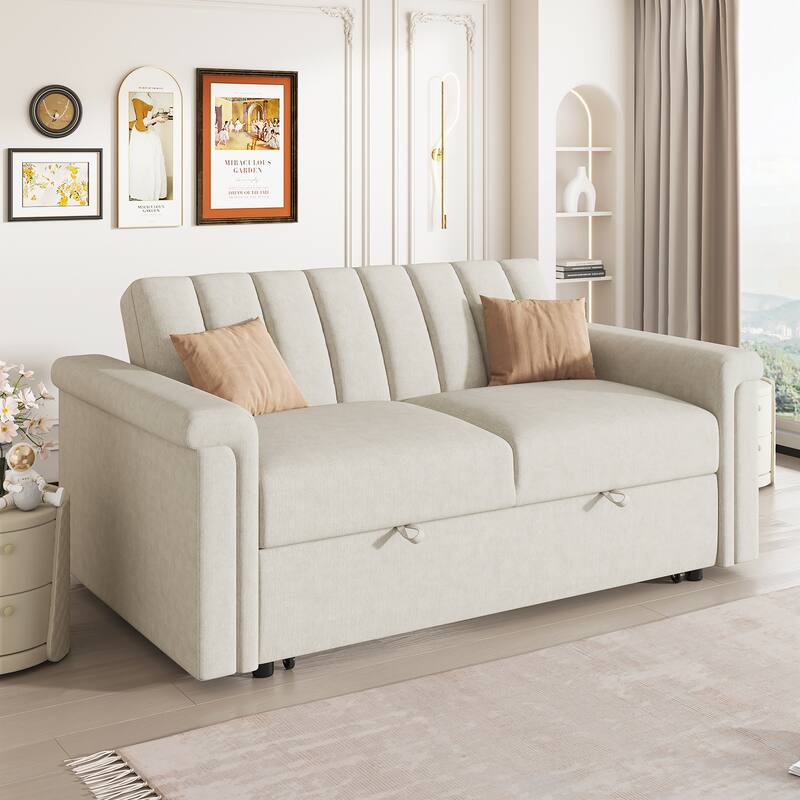 2-in-1 Loveseat Sleeper Recliner Sofa, Convertible Lounge Couch Pull Out Sofa Bed with Vertical Striped Backrest