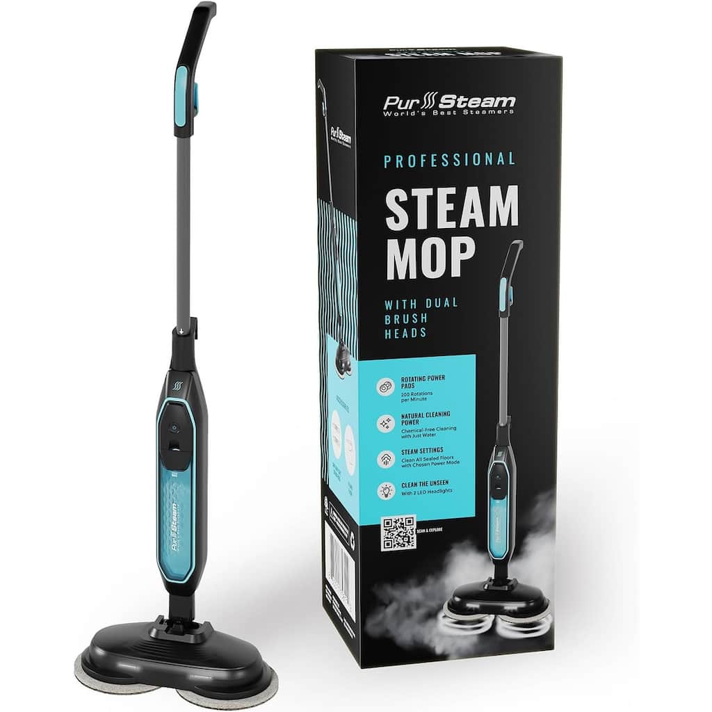 PurSteam ScrubMaster Steam Mop with Dual Scrubbing Head, LED Headlights, Adjustable Steam Control, Anti-Slip Swivel Head