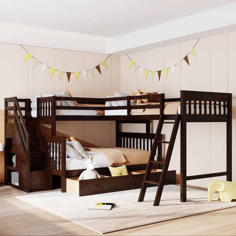 Espresso Twin over Full Size Solid Wood L-Shaped Bunk Bed With 3 Drawers, Ladder and Staircase - Espresso