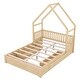 preview thumbnail 12 of 22, Queen Size Wood House Platform Bed with Guardrail and 2-Drawers, Natural - Sturdy Pine Frame with Rustic Window and Fence