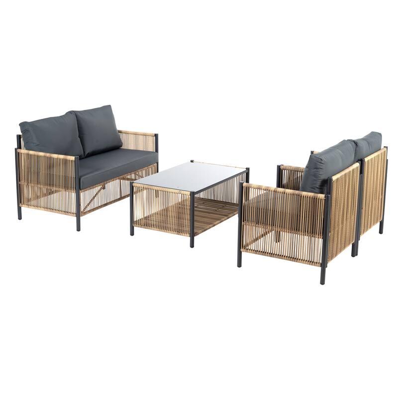 4-Piece Outdoor PE Wicker Sofa Set, All Weather Patio Conversation Furniture Set with Removable Cushions and Coffee Table