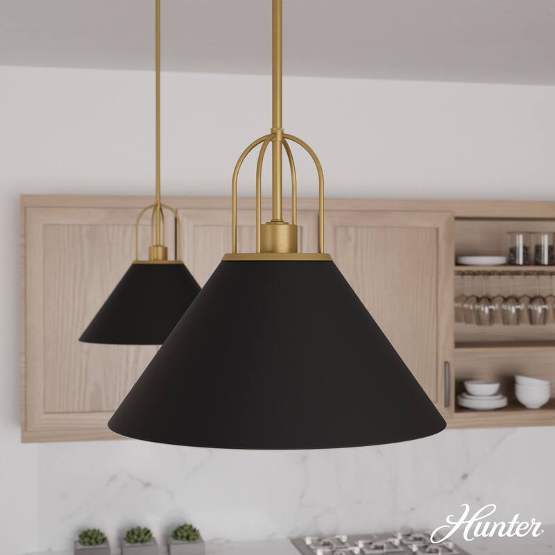 Hunter Carrington Isle Black / Luxe Gold Pendant - Island, Dining Room, Foyer, Bedroom - Casual, Transitional, Cone - Designer! - 16"