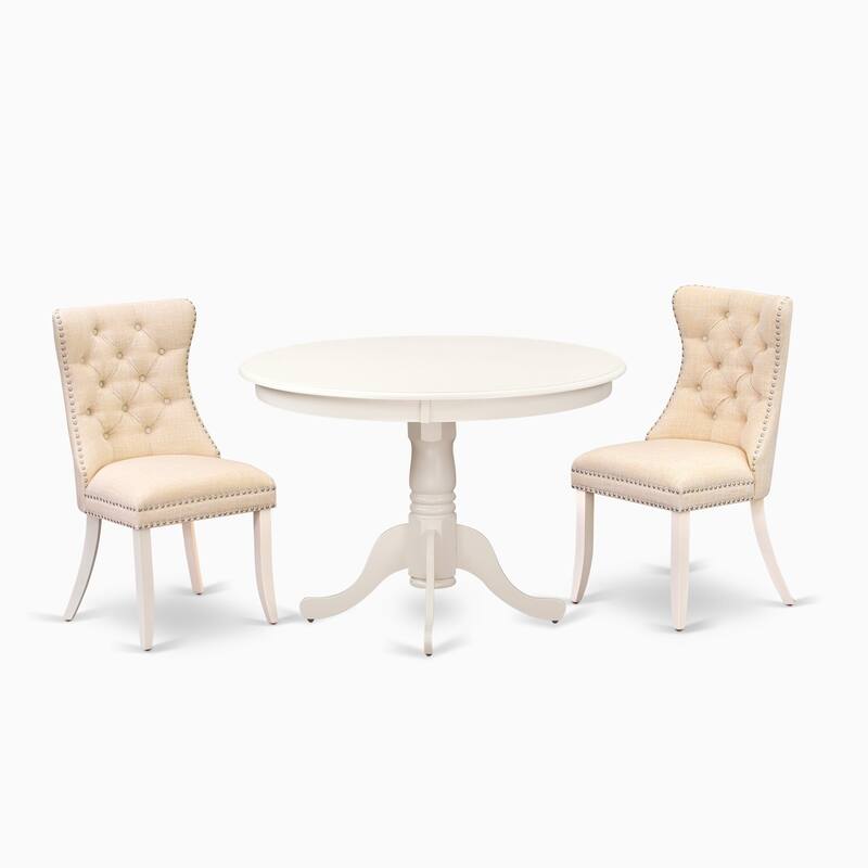 East West Furniture Dining Table Set Contains a Round Kitchen Table and Padded Chairs, Linen White (Pieces Options)