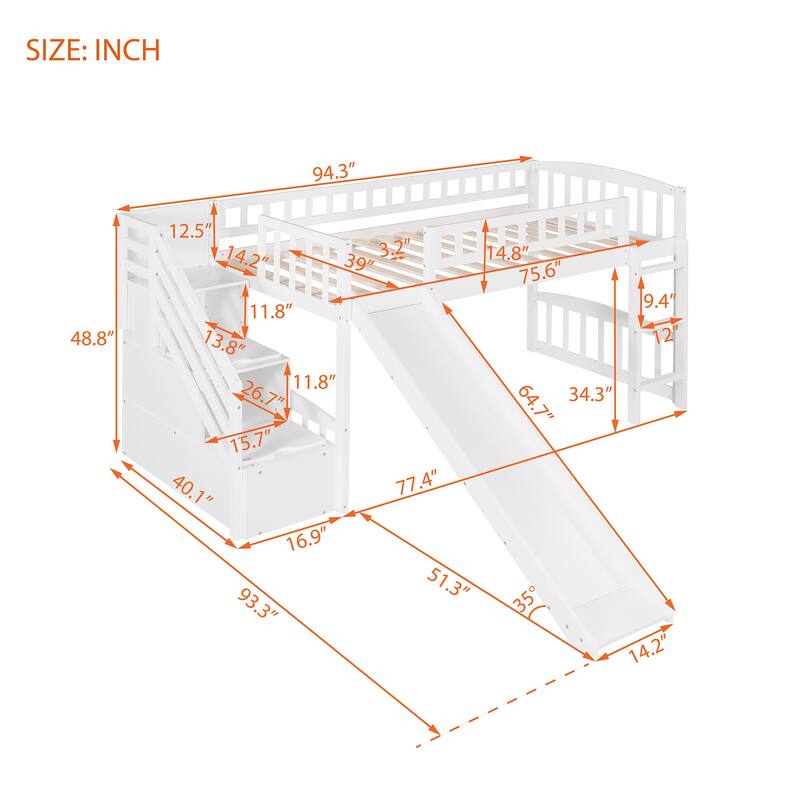 Twin Pine Loft Bed with Convertible Slide and Drawers