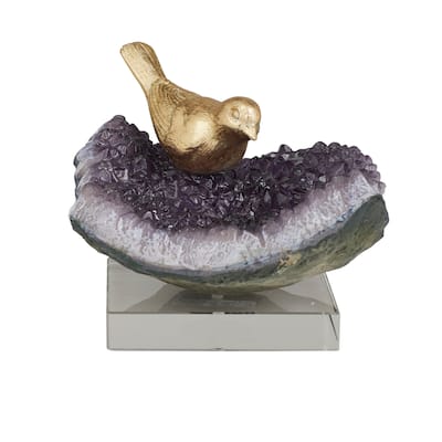 Polystone Bird Sculpture with Amethyst and Acrylic Stand - Multi Colored - Roche River Decor - 7"W x 7"L x 5"H