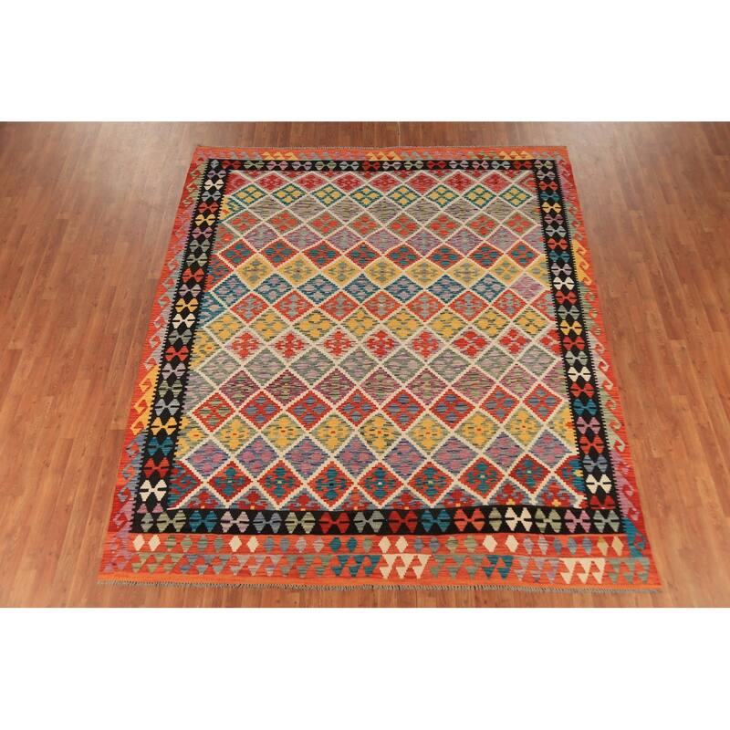 All-Over Trellis Geometric Kilim Area Rug Hand-Woven Wool Carpet - 8'4" x 9'8"
