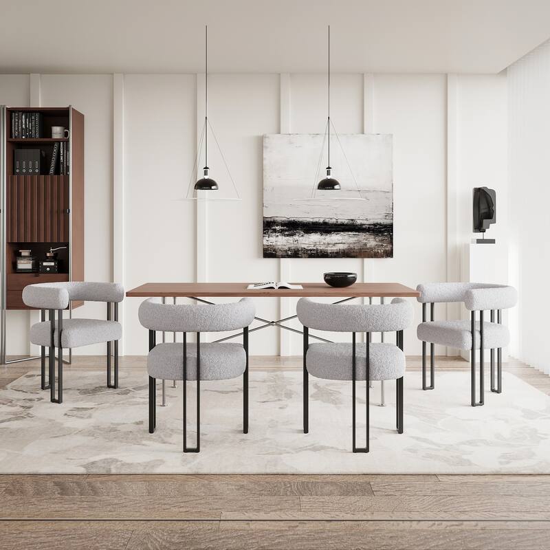 Set of 2 Upholstered Dining Arm Chairs, Bouclé Fabric Accent Chairs with Metal Frame, with Cushioned Seat & Back