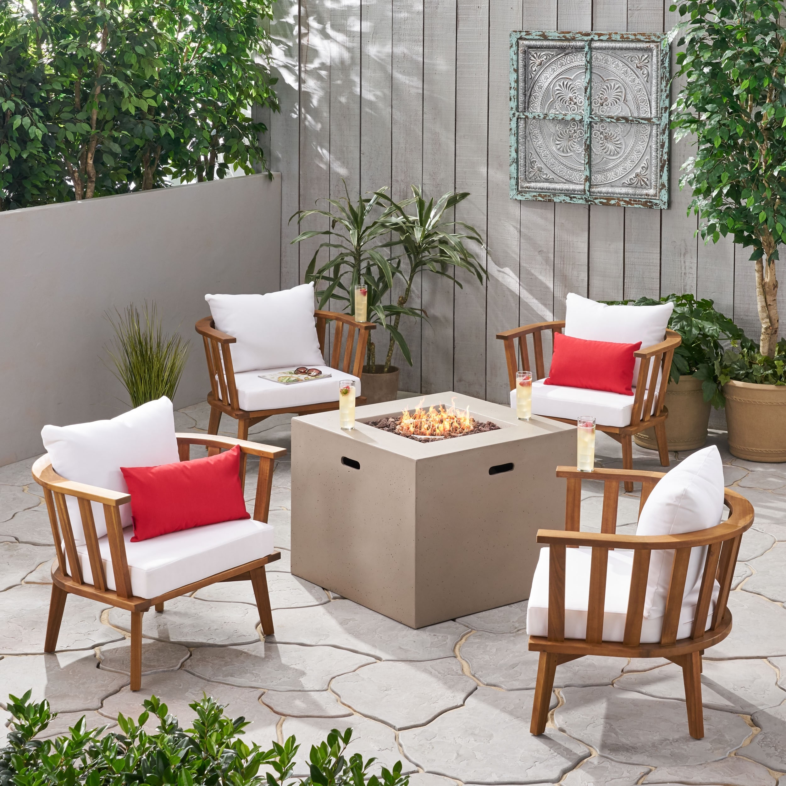 Ridgeview Outdoor 4 Seater Acacia Wood Club Chairs and Fire Pit Set by Christopher Knight Home Bed Bath Beyond 28599878