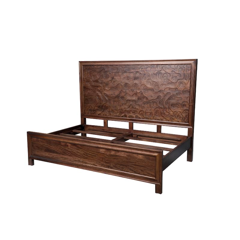 Carved King Panel Bed with Solid Wood Frame - Dark Brown