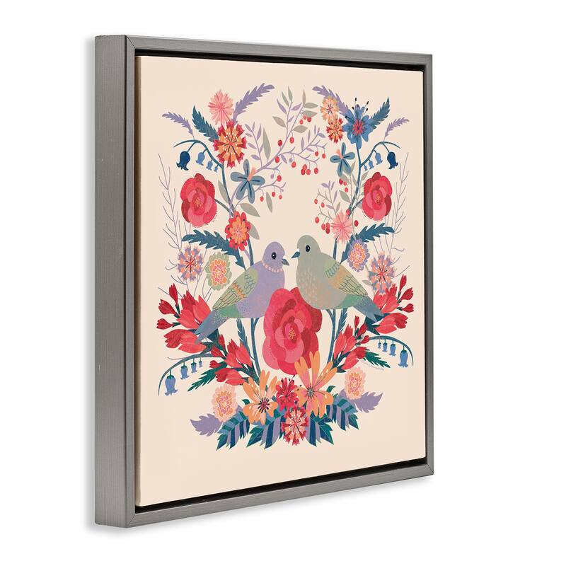Stupell Symmetrical Folk Flowers & Birds Framed Floater Canvas Wall Art Design By Verbrugge Watercolor