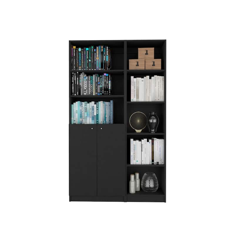 71inch Black Five Tier Bookcase with Two doors