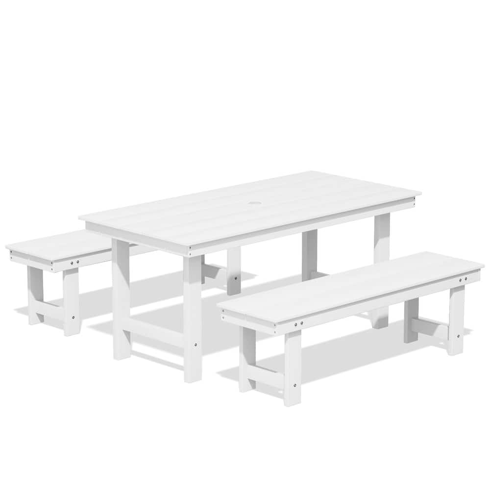 3-Piece HDPE Outdoor Dining Set with Umbrella Hole Table and Two 2-Person Benches