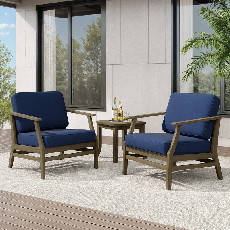 Teak Outdoor Bistro Set with Weather-Resistant Cushions (3-Piece Set) - Natural/Navy