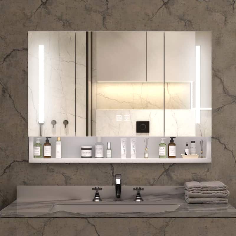 39 x 28 Inch LED Lighted Medicine Cabinet with Mirror, Aluminum Wall Mounted Bathroom Cabinet with Anti-Fog and Storage