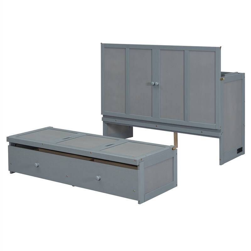 Full/Queen Size Murphy Bed Wall Bed with a Large Storage Drawer and USB Port, Solid Wood Murphy Cabinet Bed, Space Saving Design