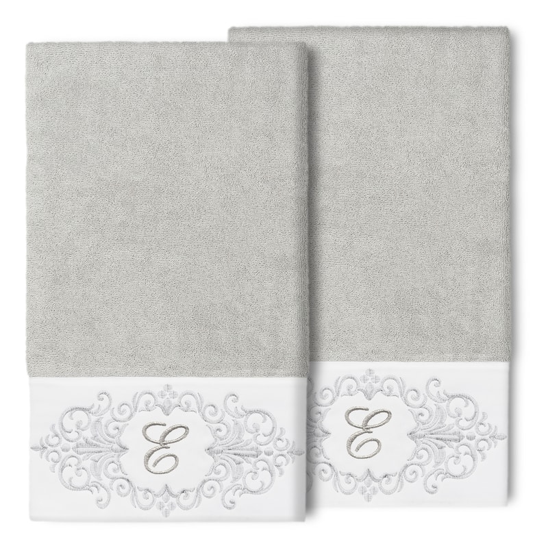 Authentic Hotel and Spa 100% Turkish Cotton Monica 2PC Embellished Bath Towel Set - E - Light Gray