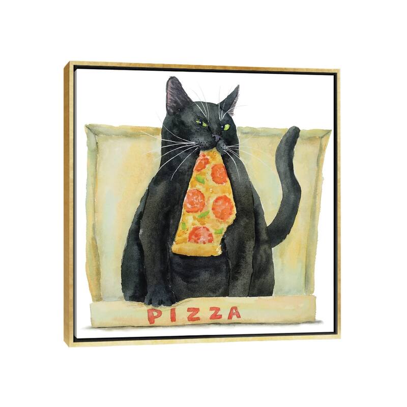 iCanvas "Black Cat And Pizza" by Alexey Dmitrievich Shmyrov Framed - Gold - 18x18