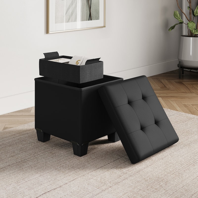 Empyrean Tuffted Folding Foot Rest Storage Ottoman Bench with Storage Bins - 15 Inch - Black Leather