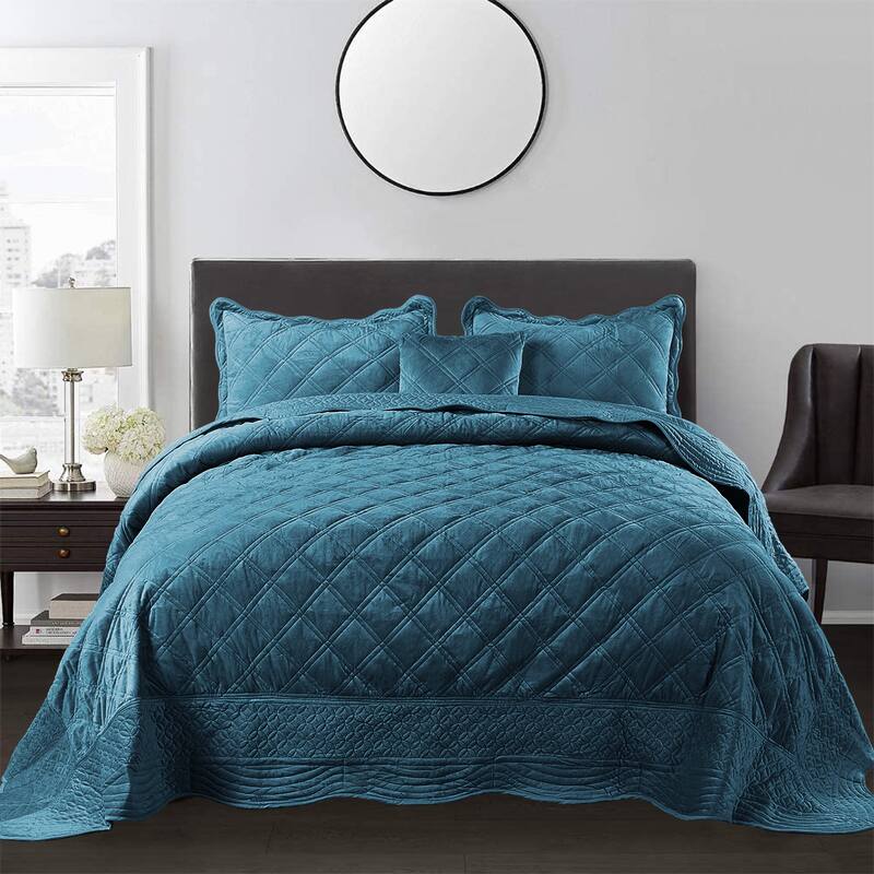 Serenta Supersoft Microplush Quilted 4 Pieces Bedspread Coverlet Set - Blue Sapphire - Oversized King