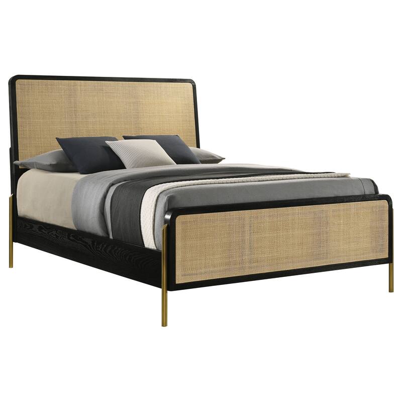Fij King Size Bed, Natural Rattan Woven Panel Headboard, Gold Legs, Black