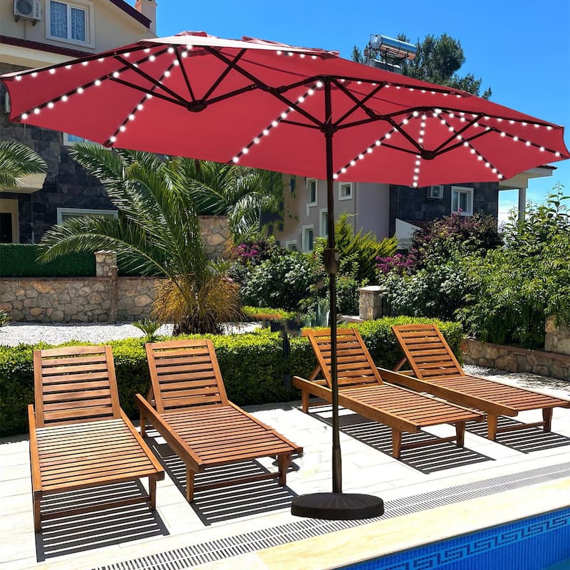 MAISON ARTS 13ft Double -Sided Crank Patio Umbrella Extra Large with LED Colorful Lights - Burgundy