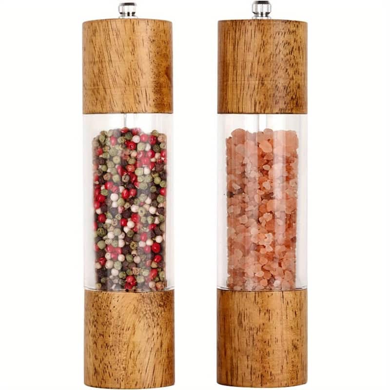 Acrylic and Rubber Wood Salt and Pepper Grinder Set Stylish Modern Kitchen Spice Mills - 5.2x20.3 cm - Natural