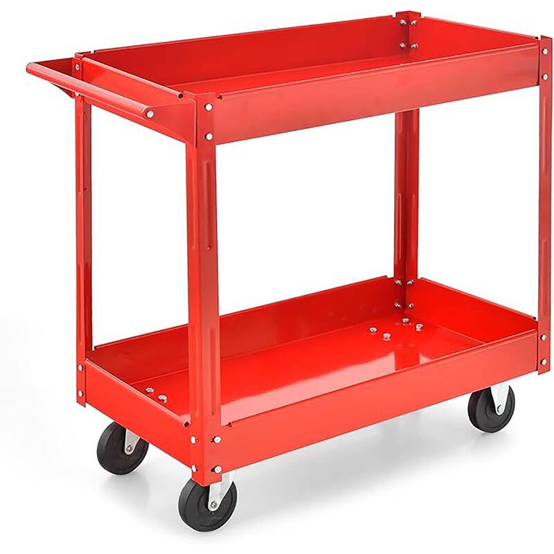 2-Tier Utility Cart Metal Rolling Tool Storage Organizer w/ Handle - Red