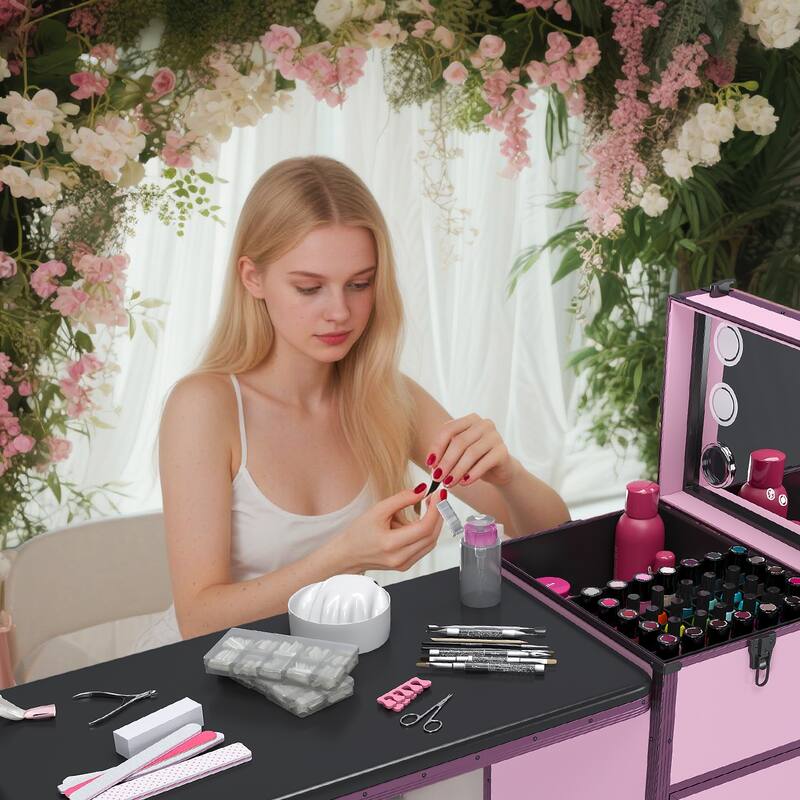 Portable Nail Art Table w/ LED Mirror, Bluetooth, Lockable Drawers, Telescopic Pole - Folding Manicure Station for Salons