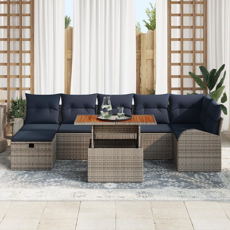 vidaXL 8 Garden Sofa Set with Cushions Black/Grey Poly Rattan - 113.8 x 48.8 x 27.2