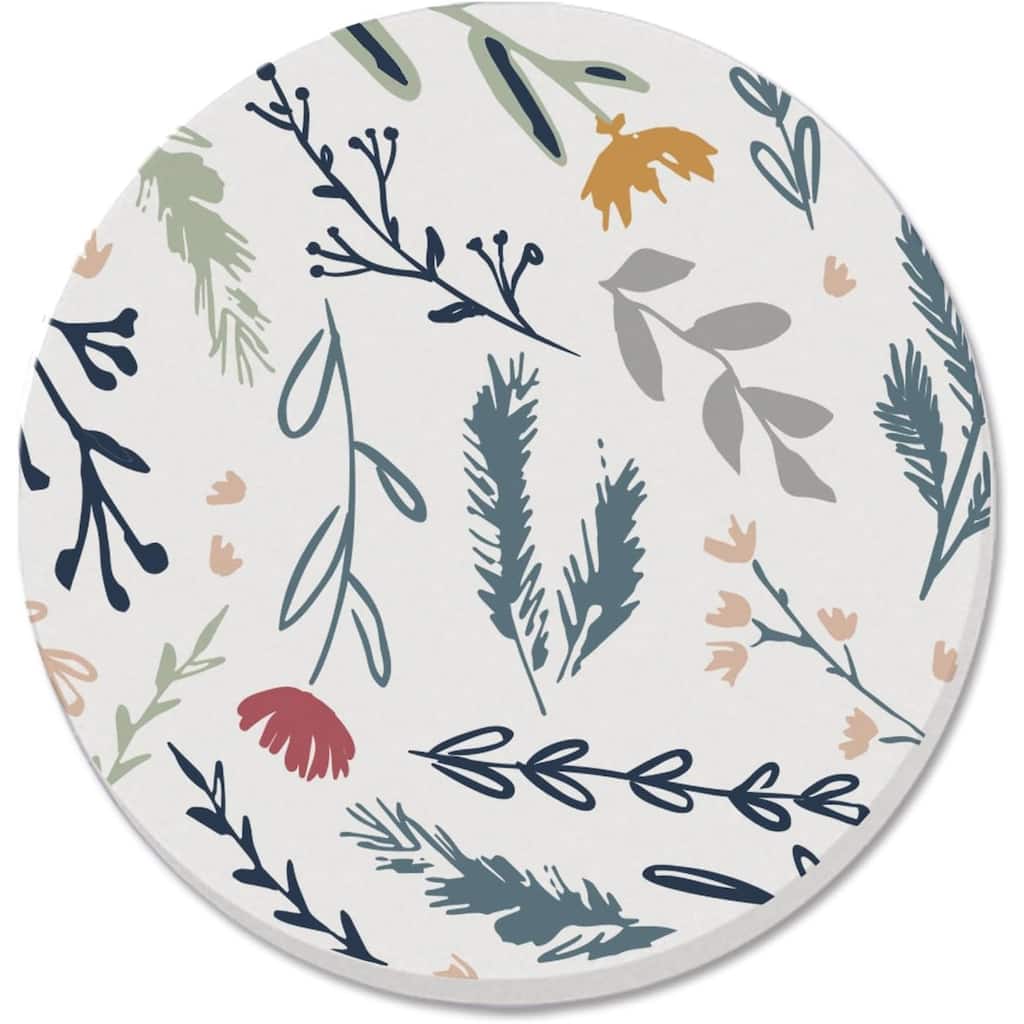 Floral Sketch 4 Pack Absorbent Stone Coaster with Protective Cork Backing Made in The USA 4" Round, Artistic, Easily Wipes Clean