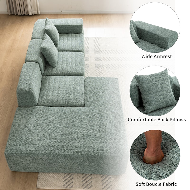 116.5" Versatile 4 Seater Sectional Sofa, Customizable 4-Piece Design with Ultra-Soft Boucle Fabric and Two Back Pillows