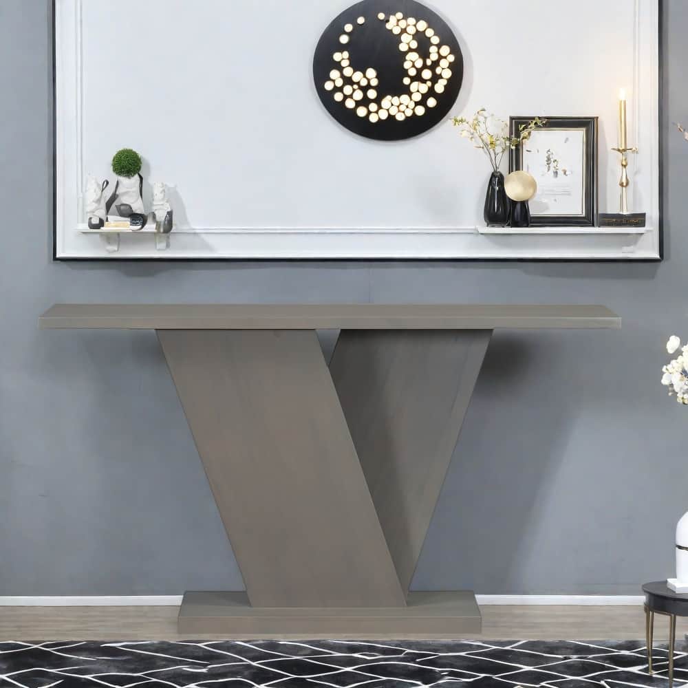 59.8" MDF Console Table With Natural Wood Veneer with V-Shaped Base for Living Room