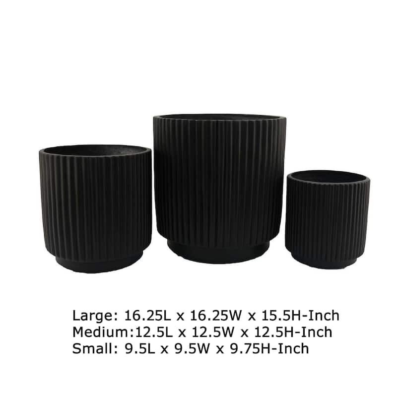 Elly Round Planter Set of 3, Ribbed Texture Black Resin, 16,12,9 Inch