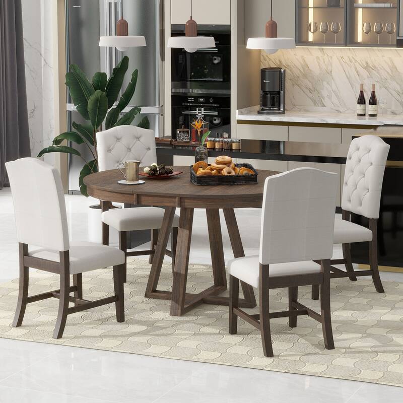 Walnut Retro 5-Piece Wooden Dining Table Set with Expandable Round Table & 4 Chairs