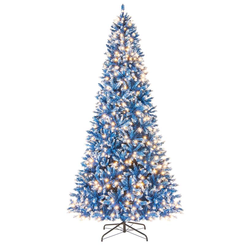 Gymax Pre-Lit Artificial Christmas Tree Blue Hinged Xmas Tree w/ - 9 Foot