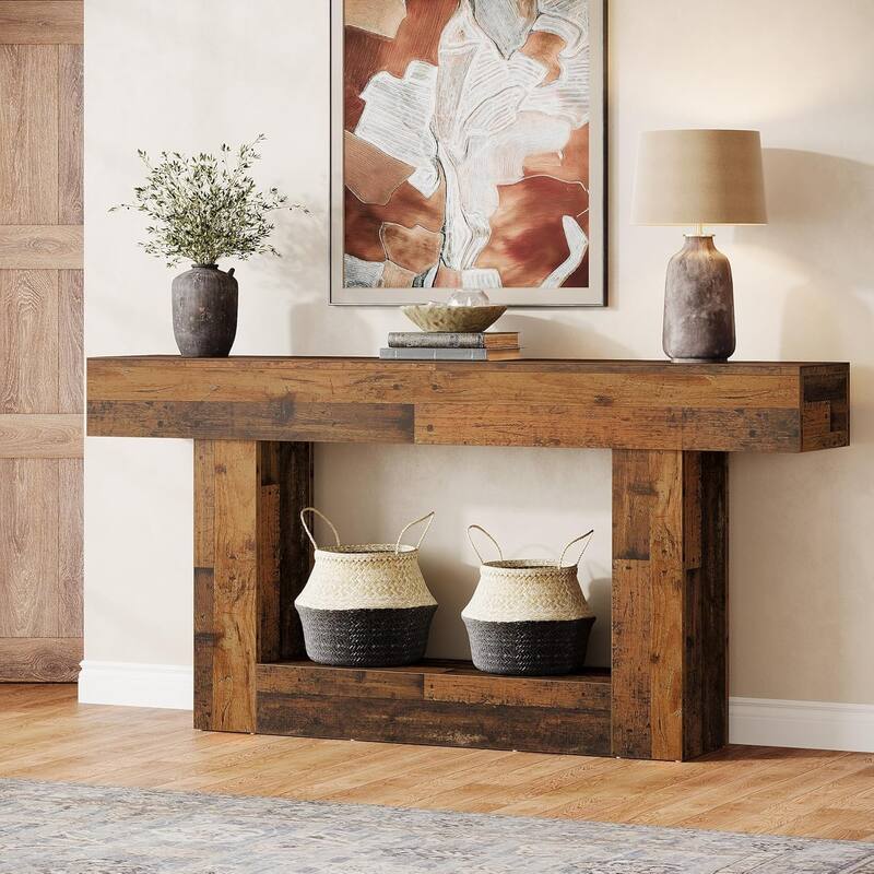 63 Inches Brown/ Gray Wood Console Table, Farmhouse Entryway Table for Hallway