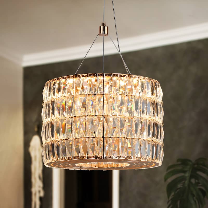 Modern Glam LED Crystal Chandelier Rose Gold Island Drum Pendant for Kitchen Island - D11.8" x H72.8" Max