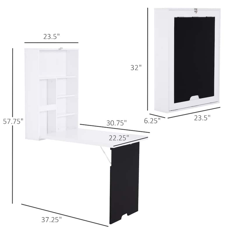 Wall Mounted Foldable Desk with a Blackboard, Fold Out Convertible Floating Desk with Shelves, White