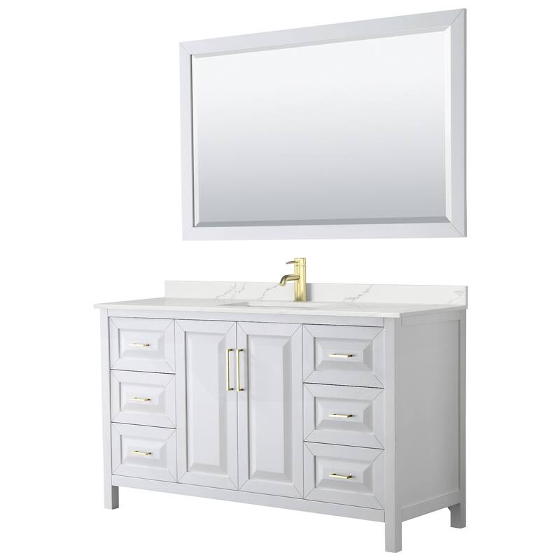 Daria 60-inch Single Vanity, Single Hole Quartz Top, 58-inch Mirror - White, Gold Trim, Giotto Quartz Top