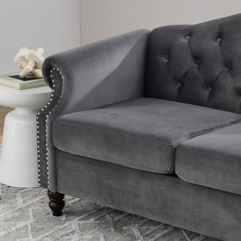 57" Chesterfield Sofa Grey Velvet for Living Room, 2 Seater Sofa Tufted Couch with Rolled Arms and Nailhead