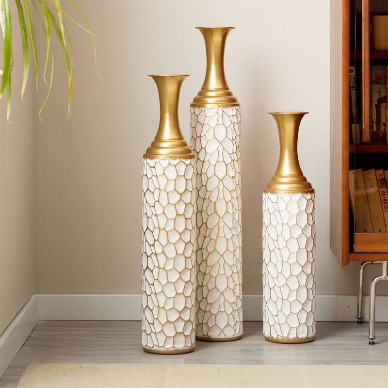 Decorated Floor Glazed Metal Vases (Set of 3)