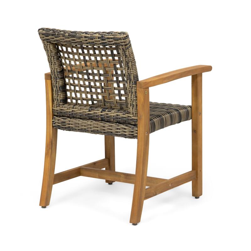 2pc Hampton Dining Chair Set Natural Stained Acacia Wood and PE Rattan Outdoor Patio Furniture 33in