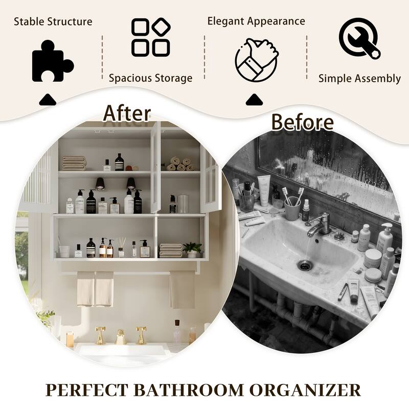 Bathroom Wall Cabinet,3-Door Wooden Cabinet with Open and Hidden Storage Space,Medicine Cabinet with Glass Door and Towel Bar